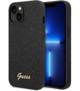 Juodas dėklas su bluzgučiais Apple iPhone 14 Plus telefonui "Guess PC/TPU Glitter Flakes Metal Logo Case"