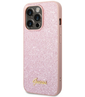 Rožinis dėklas su blizgučiais Apple iPhone 14 Pro telefonui "Guess PC/TPU Glitter Flakes Metal Logo Case"