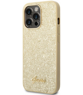 Auksinės spalvos dėklas su bližgučiais Apple iPhone 14 Pro telefonui "Guess PC/TPU Glitter Flakes Metal Logo Case"