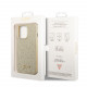Auksinės spalvos dėklas su bližgučiais Apple iPhone 14 Pro telefonui "Guess PC/TPU Glitter Flakes Metal Logo Case"
