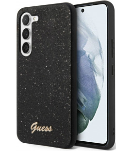 Juodas dėklas Samsung Galaxy S23 telefonui "Guess PC/TPU Glitter Flakes Metal Logo Case"
