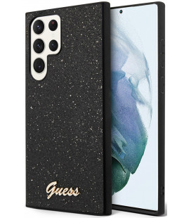 Juodas dėklas Samsung Galaxy S23 Ultra telefonui "Guess PC/TPU Glitter Flakes Metal Logo Case"