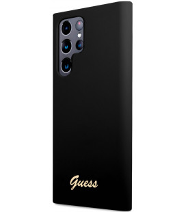 Juodas dėklas Samsung Galaxy S23 Ultra telefonui "Guess Liquid Silicone Metal Logo Case"