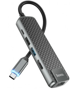 Adapteris - šakotuvas Hoco HB23 Easy View Type-C to HDMI+USB3.0+USB2.0+RJ45+PD pilkas