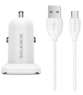 Baltas automobilinis pakrovėjas 1xUSB Quick Charge 3.0 + USB - MicroUSB laidas "Borofone BZ12A"