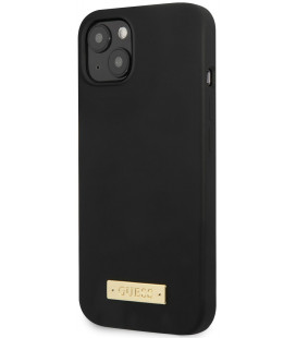 Juodas dėklas Apple iPhone 13 telefonui "Guess Silicone Metal Logo MagSafe Compatible Case"