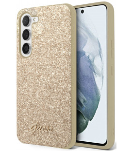 Auksinės spalvos dėklas Samsung Galaxy S23 telefonui "Guess PC/TPU Glitter Flakes Metal Logo Case"