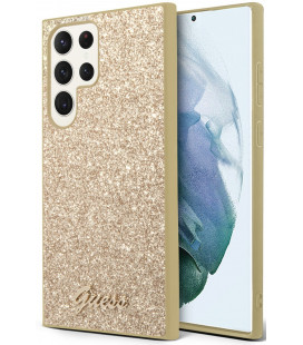  	Auksinės spalvos dėklas Samsung Galaxy S23 Ultra telefonui "Guess PC/TPU Glitter Flakes Metal Logo Case"