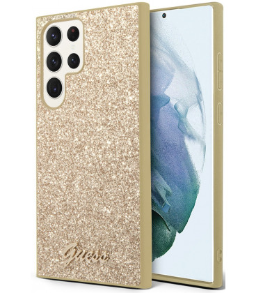  	Auksinės spalvos dėklas Samsung Galaxy S23 Ultra telefonui "Guess PC/TPU Glitter Flakes Metal Logo Case"