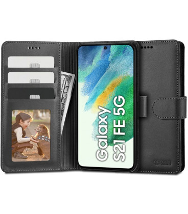 Juodas atverčiamas dėklas Samsung Galaxy S21 FE telefonui "Tech-protect Wallet"