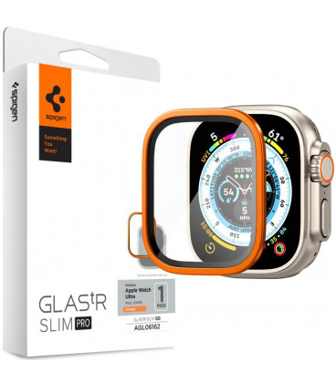 Oranžinis apsauginis grūdintas stiklas Apple Watch Ultra (49mm) laikrodžiui "Spigen Glas.TR Slim Pro"
