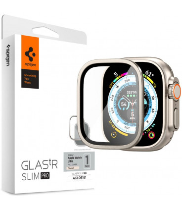 Pilkas (Titanium) apsauginis grūdintas stiklas Apple Watch Ultra 1 / 2 / 3 (49mm) laikrodžiui "Spigen Glas.TR Slim Pro"