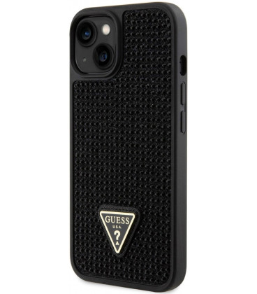 Juodas dėklas Apple iPhone 14 telefonui "Guess Rhinestones Triangle Metal Logo Case"
