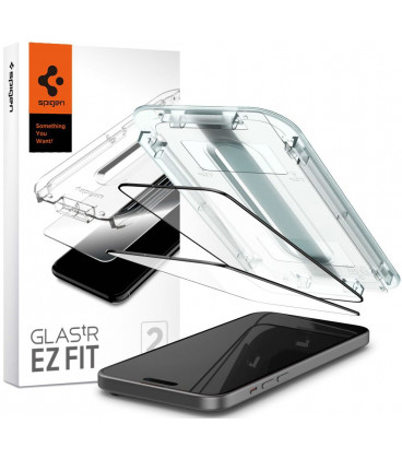 Juodas apsauginis grūdintas stiklas Apple iPhone 15 telefonui "Spigen Glas.TR EZ Fit FC 2-Pack"
