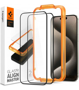 Juodas apsauginis grūdintas stiklas Apple iPhone 15 Pro Max telefonui "Spigen AlignMaster Glas tR 2-Pack"