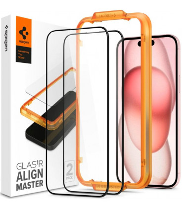 Juodas apsauginis grūdintas stiklas Apple iPhone 15 Plus telefonui "Spigen AlignMaster Glas tR 2-Pack"
