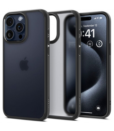 Matinis juodas dėklas Apple iPhone 15 Pro Max telefonui "Spigen Ultra Hybrid" PRO MAX FROST BLACK