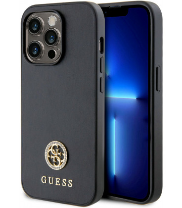 Juodas dėklas Apple iPhone 15 Pro telefonui "Guess PU 4G Strass Metal Logo Case"