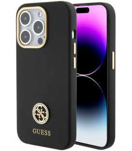Juodas dėklas Apple iPhone 15 Pro telefonui "Guess Liquid Silicone 4G Strass Metal Logo Case"