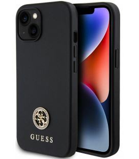 Juodas dėklas Apple iPhone 15 telefonui "Guess PU 4G Strass Metal Logo Case"