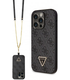 Juodas dėklas su dirželiu Apple iPhone 15 Pro Max telefonui "Guess PU 4G Strass Triangle Metal Logo Case"