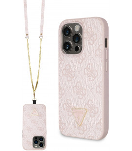 Rožinis dėklas su dirželiu Apple iPhone 15 Pro telefonui "Guess PU 4G Strass Triangle Metal Logo Case"