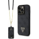 Juodas dėklas su dirželiu Apple iPhone 15 Pro telefonui "Guess PU 4G Strass Triangle Metal Logo Case"
