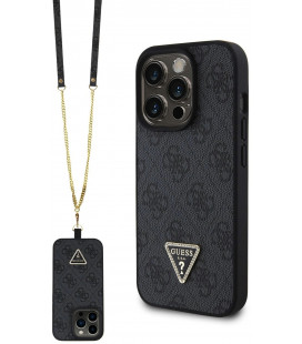 Juodas dėklas su dirželiu Apple iPhone 15 Pro telefonui "Guess PU 4G Strass Triangle Metal Logo Case"