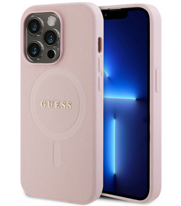 Rožinis dėklas Apple iPhone 15 Pro telefonui "Guess PU Saffiano MagSafe Case"