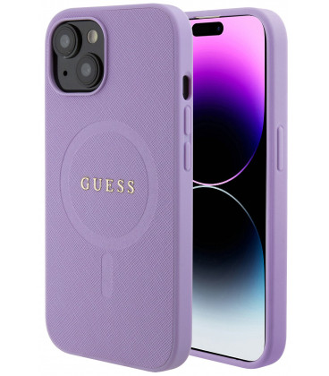 Purpurinis dėklas Apple iPhone 15 telefonui "Guess PU Saffiano MagSafe Case"
