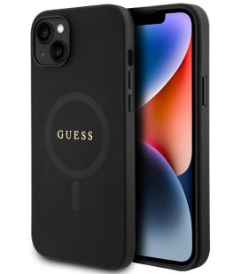 Juodas dėklas Apple iPhone 15 telefonui "Guess PU Saffiano MagSafe Case"