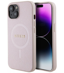 Rožinis dėklas Apple iPhone 15 telefonui "Guess PU Saffiano MagSafe Case"
