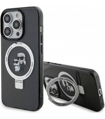 Juodas dėklas Apple iPhone 15 Pro telefonui "Karl Lagerfeld Ringstand Karl and Choupette MagSafe Case"