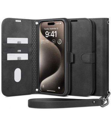 Juodas atverčiamas dėklas Apple iPhone 15 Pro Max telefonui "Spigen Wallet S Pro"