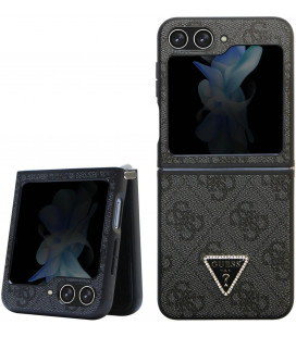 Juodas dėklas Samsung Galaxy Z Flip 5 telefonui "Guess 4G PU Leather Triangle Case"