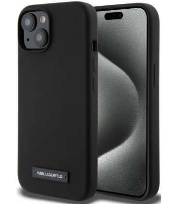 Juodas dėklas Apple iPhone 15 telefonui "Karl Lagerfeld Liquid Silicone Plaque MagSafe Case"
