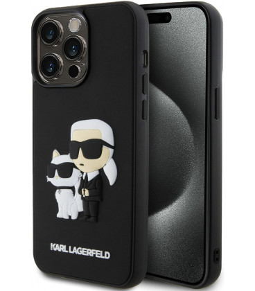 Juodas dėklas Apple iPhone 15 Pro Max telefonui "Karl Lagerfeld 3D Rubber Karl and Choupette Case"