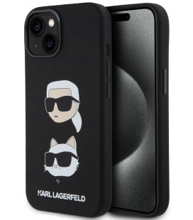 Juodas dėklas Apple iPhone 15 telefonui "Karl Lagerfeld Liquid Silicone Karl and Choupette Heads Case"