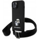 Juodas dėklas su dirželiu Apple iPhone 15 telefonui "Karl Lagerfeld Saffiano Crossbody Metal Karl and Choupette Case"