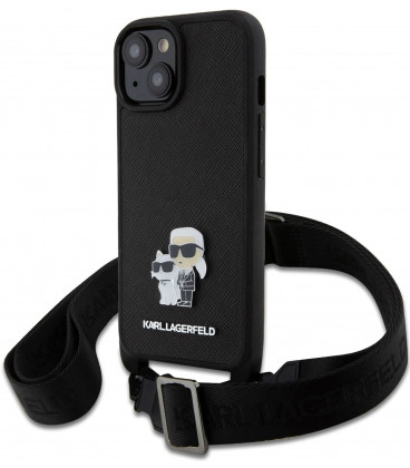 Juodas dėklas su dirželiu Apple iPhone 15 telefonui "Karl Lagerfeld Saffiano Crossbody Metal Karl and Choupette Case"