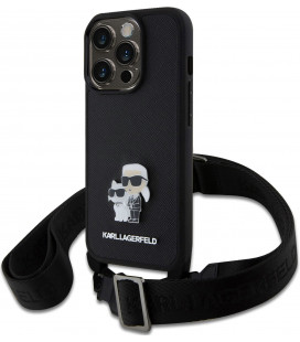 Juodas dėklas su dirželiu Apple iPhone 15 Pro telefonui "Karl Lagerfeld Saffiano Crossbody Metal Karl and Choupette"