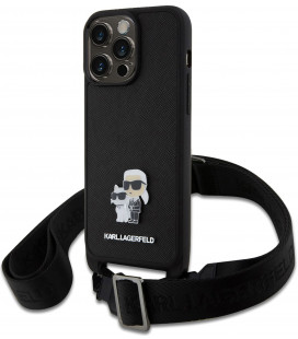 Juodas dėklas su dirželiu Apple iPhone 15 Pro Max telefonui "Karl Lagerfeld Saffiano Crossbody Metal Karl and Choupette"