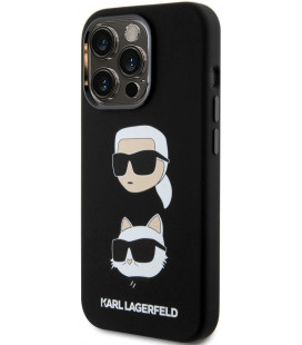Juodas dėklas Apple iPhone 15 Pro telefonui "Karl Lagerfeld Liquid Silicone Karl and Choupette Heads Case"