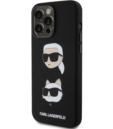 Juodas dėklas Apple iPhone 15 Pro Max telefonui "Karl Lagerfeld Liquid Silicone Karl and Choupette Heads Case"