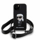 Juodas dėklas su dirželiu Apple iPhone 15 telefonui "Karl Lagerfeld Liquid Silicone Crossbody Ikonik Case"