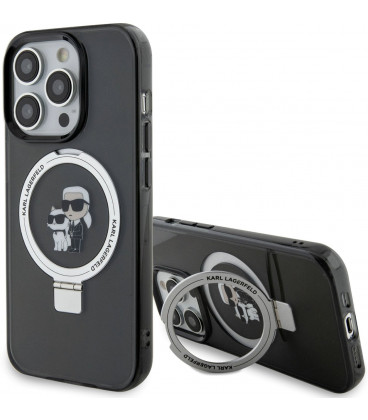 Juodas dėklas Apple iPhone 15 Pro Max telefonui "Karl Lagerfeld Ringstand Karl and Choupette MagSafe Case"