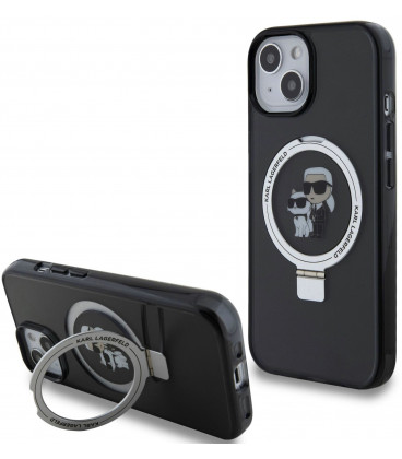 Juodas dėklas Apple iPhone 15 telefonui "Karl Lagerfeld Ringstand Karl and Choupette MagSafe Case"