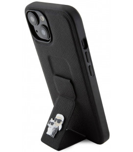 Juodas dėklas Apple iPhone 15 telefonui "Karl Lagerfeld Saffiano Grip Stand Metal Logo Case"