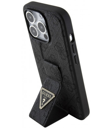 Juodas dėklas Apple iPhone 15 Pro telefonui "Guess PU Grip Stand 4G Strass Triangle Metal Logo Case"