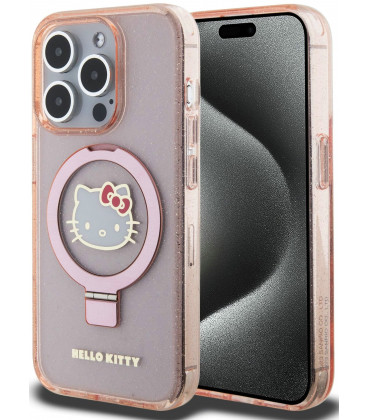 Rožinis dėklas Apple iPhone 15 Pro Max telefonui "Hello Kitty IML Ringstand Glitter Kitty Head Logo MagSafe Case"